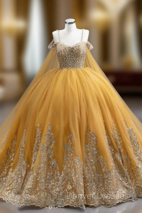 Gold Tulle Sequins Appliques Spaghetti Straps Pearls Prom Dress