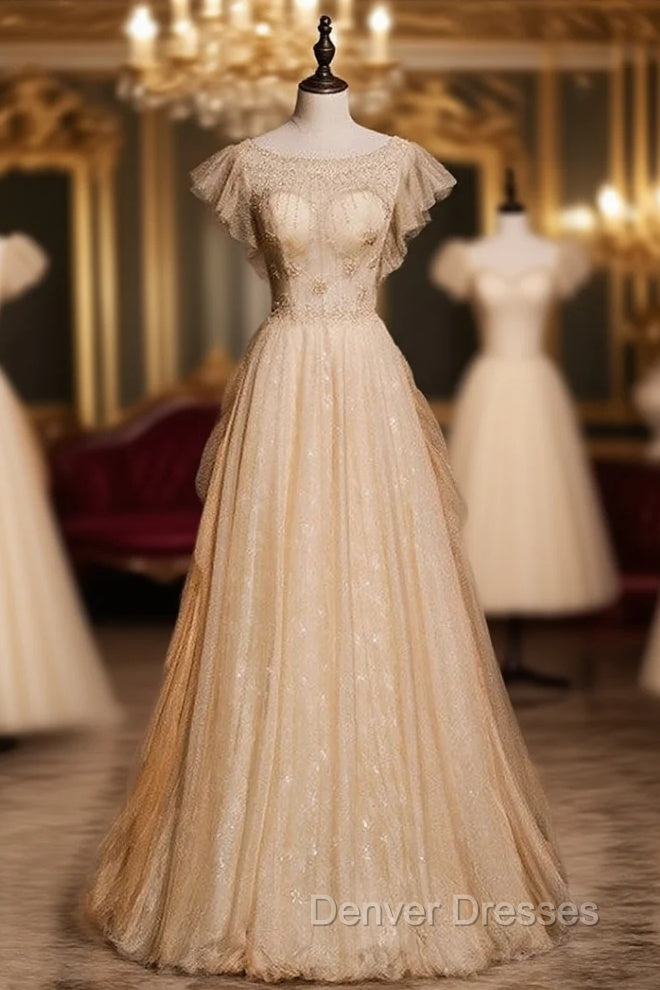 Gold Tulle Sequins Beading Sleeveless Prom Dress