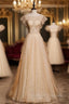 Gold Tulle Sequins Beading Sleeveless Prom Dress