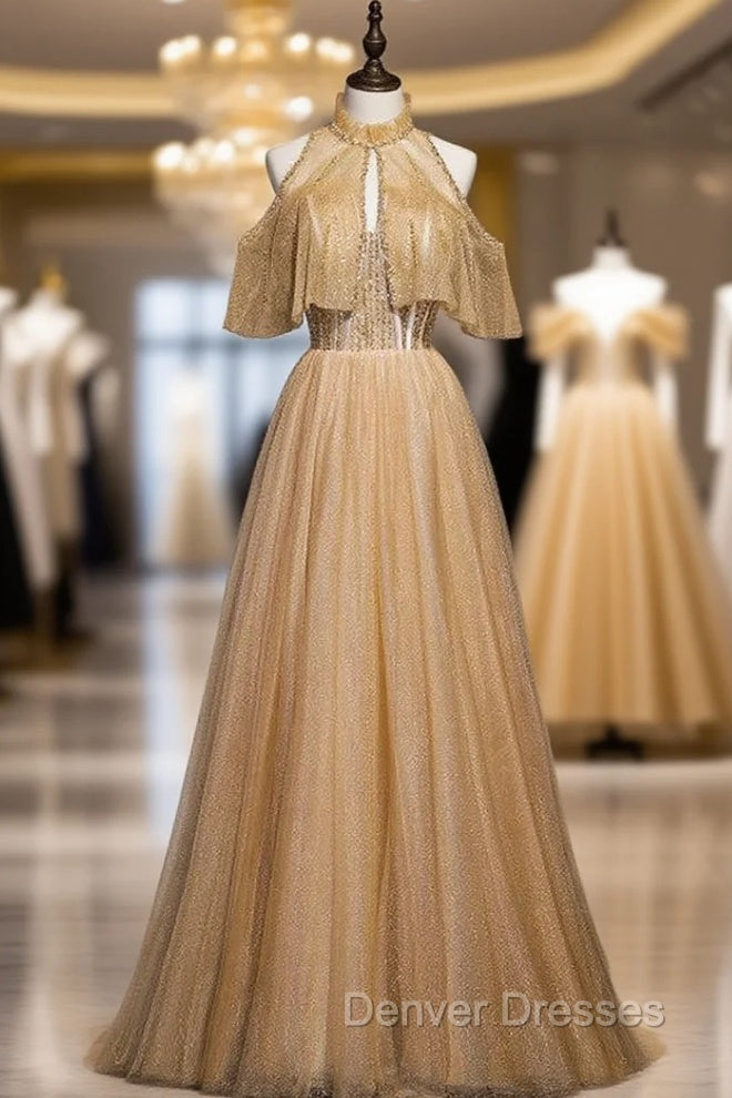 Gold Tulle Sequins Beading Strapless Prom Dress