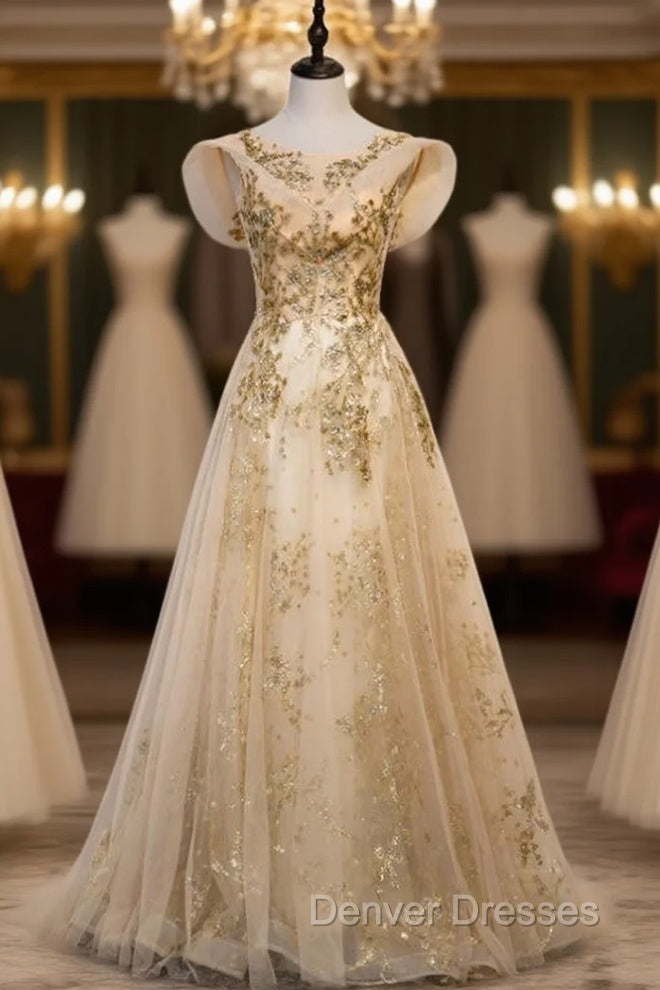 Gold Tulle Sequins Cap Sleeve Scoop Prom Dress