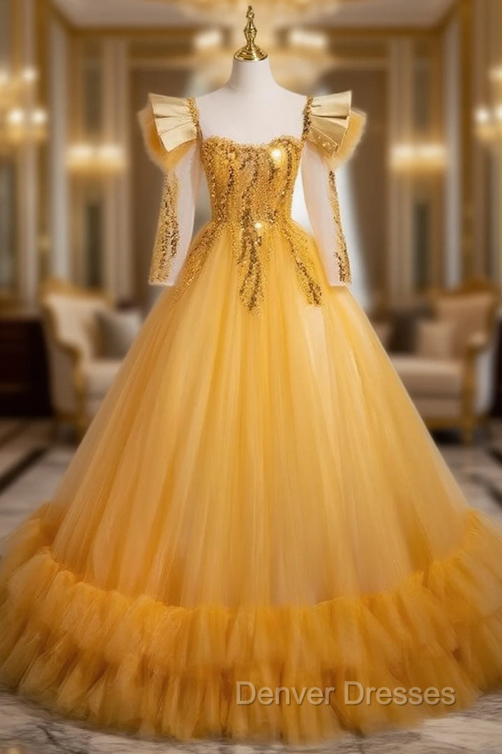 Gold Tulle Sequins Long Sleeve Backless Quinceanera Dress Main image
