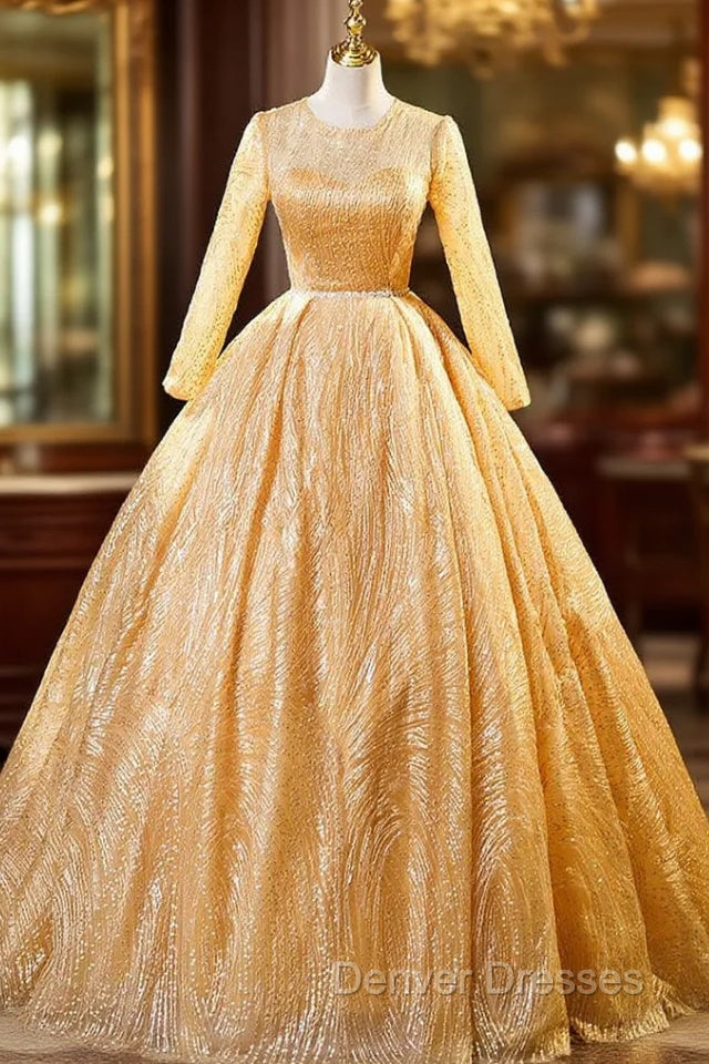Gold Tulle Sequins Long Sleeve Quinceanera Dress Main image