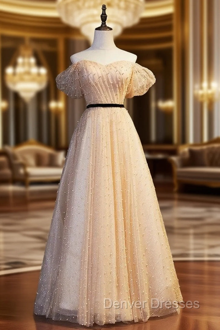 Gold Tulle Sequins Off the Shoulder Pearls Prom Dress Main image