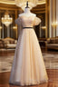 Gold Tulle Sequins Off the Shoulder Pearls Prom Dress
