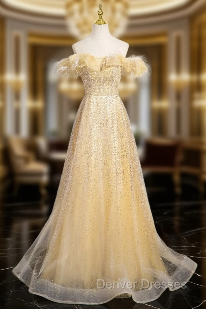 Gold Tulle Sequins Off the Shoulder Prom Dress Main image