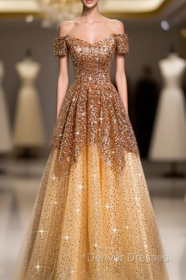 Gold Tulle Sequins Off the Shoulder Short Sleeve Prom Dress