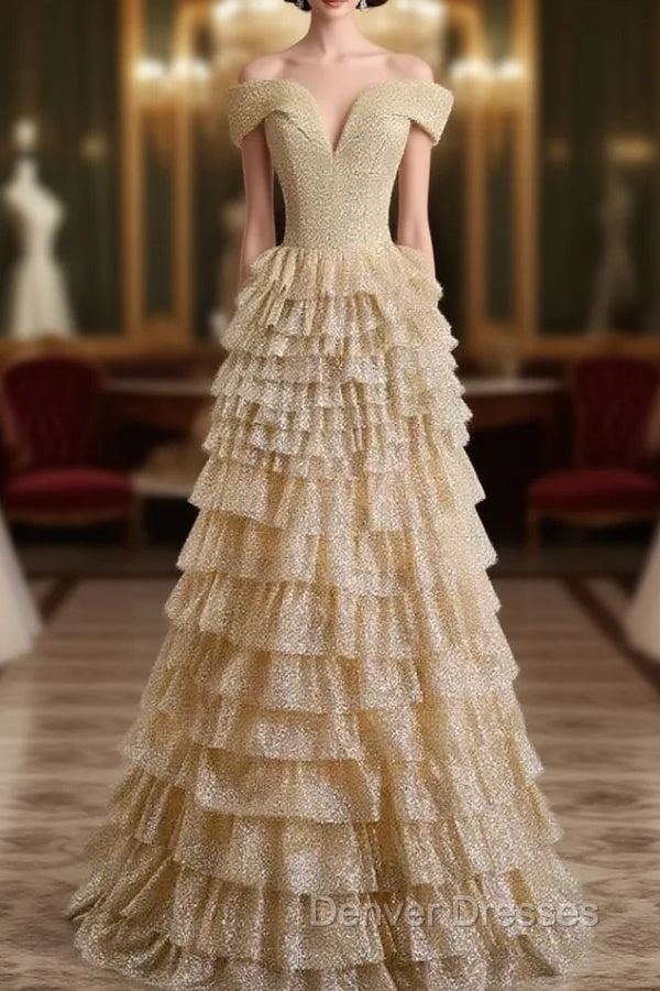 Gold Tulle Sequins Off the Shoulder Tiers Prom Dress Main image