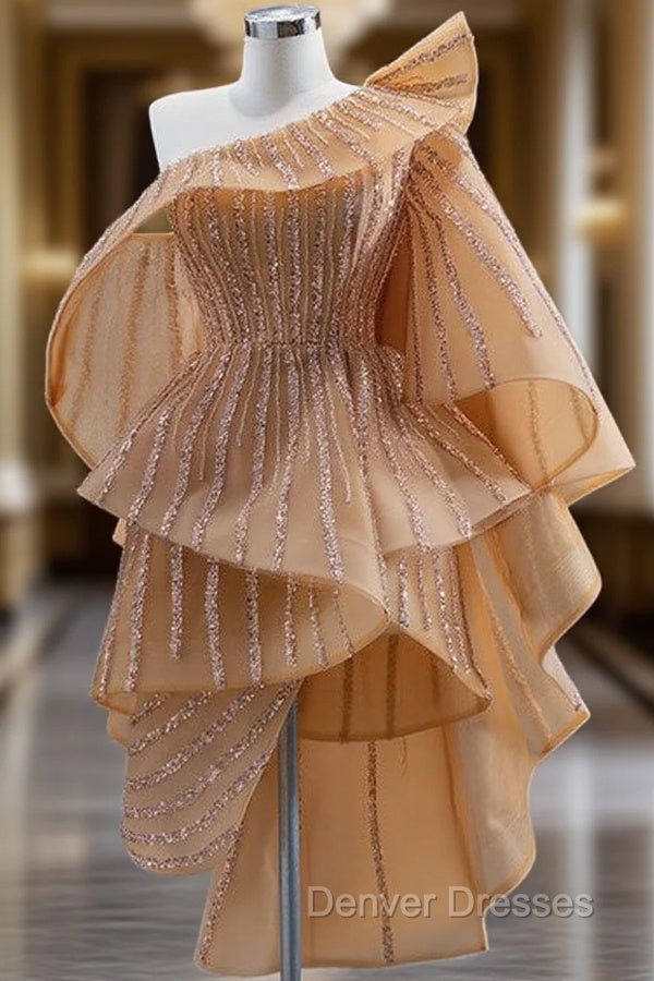 Gold Tulle Sequins One Shoulder Ruffles Short Prom Dress Main image