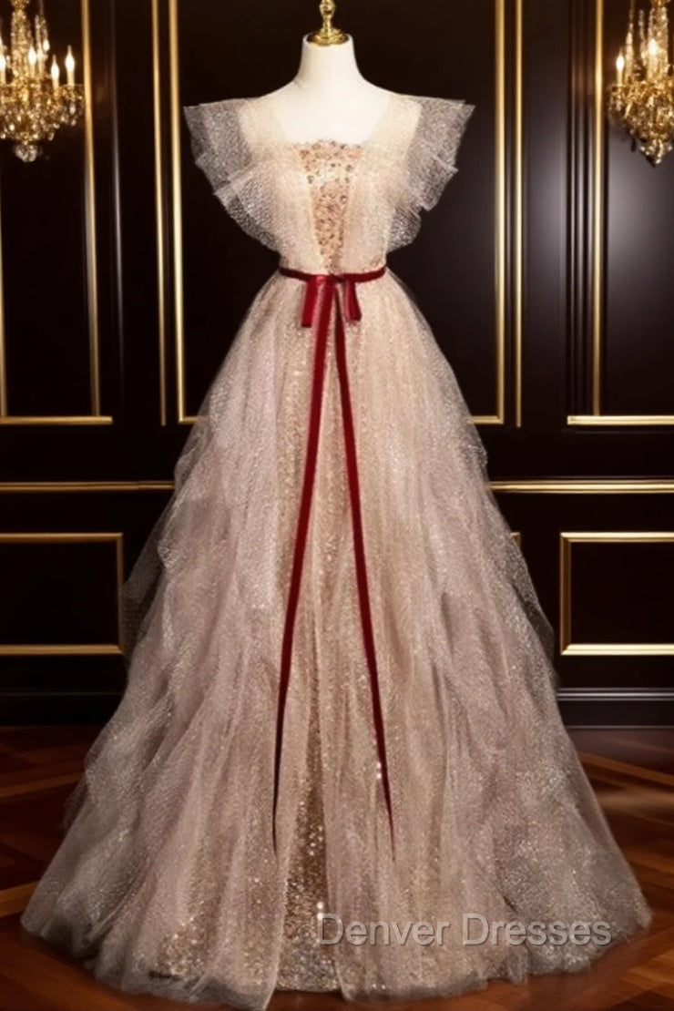 Gold Tulle Sequins Prom Dress With Belt Main image