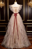 Gold Tulle Sequins Prom Dress With Belt