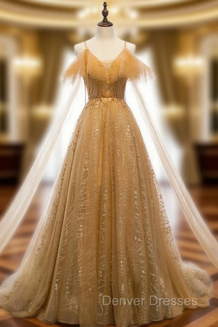 Gold Tulle Sequins Spaghetti Straps Backless Beading Prom Dress Main image