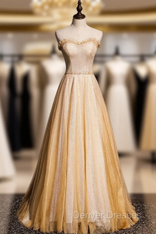 Gold Tulle Sequins Strapless Beading Prom Dress Main image