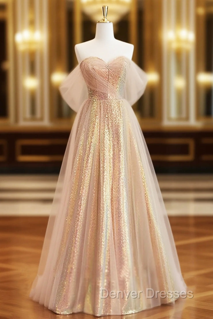 Gold Tulle Sequins Sweetheart Prom Dress Main image