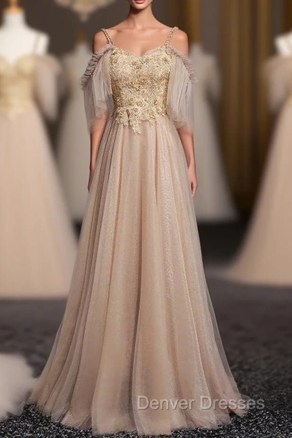 Gold Tulle Spaghetti Straps Appliques Beading Prom Dress Main image