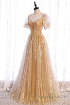 Gold Tulle V Neck Long Prom Dress Gold Tulle Formal Dress
