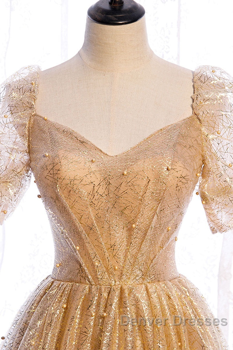 Gold Tulle V Neck Long Prom Dress Gold Tulle Formal Dress