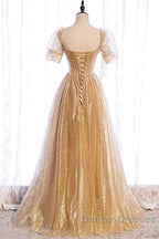 Gold Tulle V Neck Long Prom Dress Gold Tulle Formal Dress