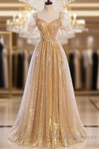 Gold Tulle V Neck Long Prom Dress Gold Tulle Formal Dress