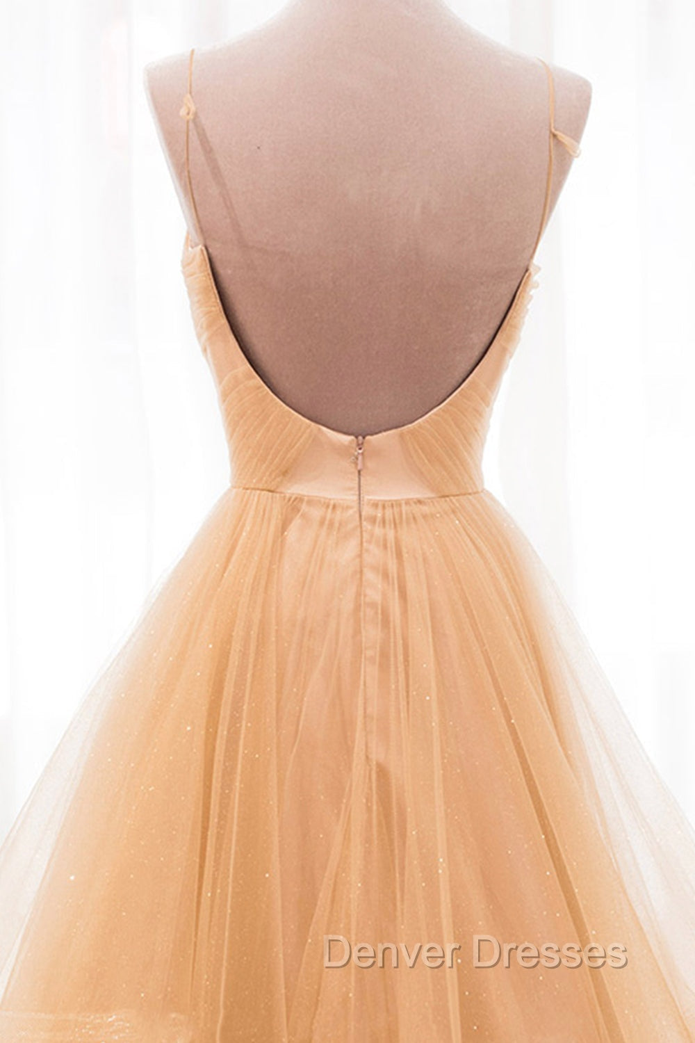 Gold V-Neck Tulle Long Prom Dress, A-Line Evening Dress Secondary image
