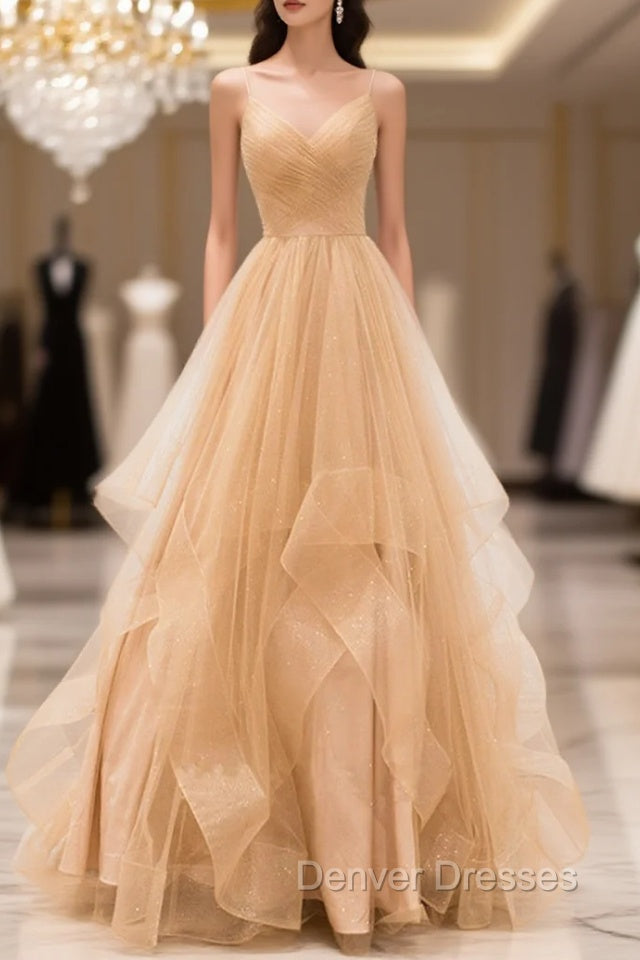 Gold V-Neck Tulle Long Prom Dress, A-Line Evening Dress Main image