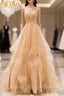 Gold V-Neck Tulle Long Prom Dress, A-Line Evening Dress