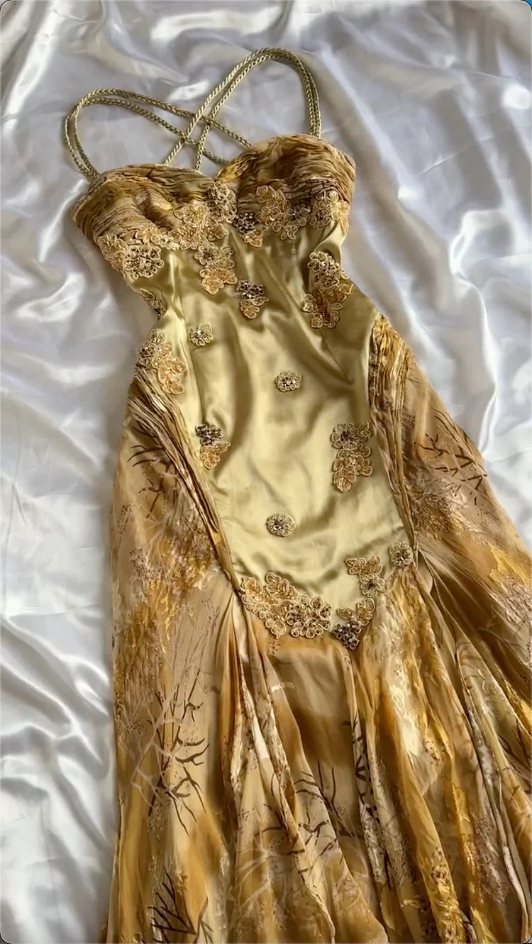 Gold Vintage Floral Satin Applique Spaghetti Straps Chiffon Prom Dress Party Dress Secondary image