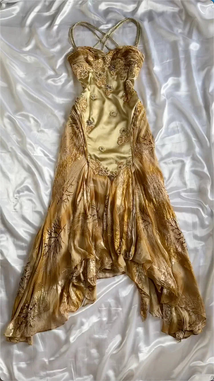 Gold Vintage Floral Satin Applique Spaghetti Straps Chiffon Prom Dress Party Dress Main image