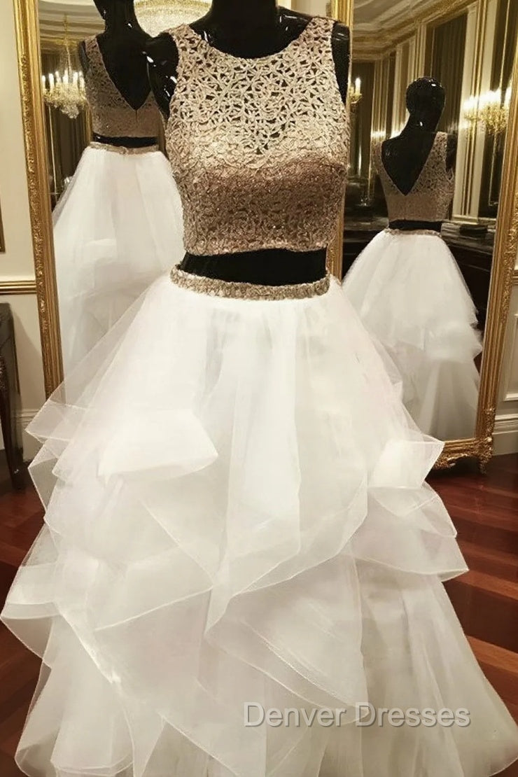 Gold White Ball Gowns Two Piece Tulle Backless Prom Dress