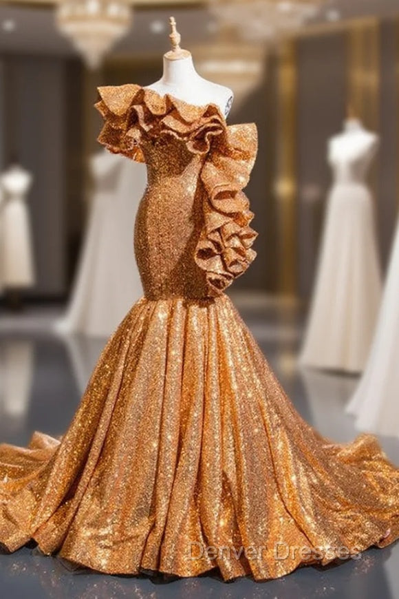 Gold Yellow Mermaid Sequins Asymmetrical Neck Ruffles Prom Dress