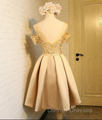 Golden Satin Lace Off Shoulder Short Homecoming Dress, Knee Length Party Dress