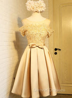 Golden Satin Lace Off Shoulder Short Homecoming Dress, Knee Length Party Dress