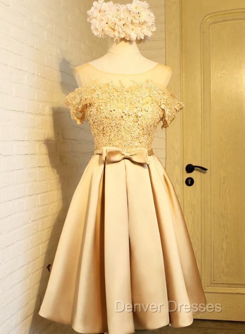 Golden Satin Lace Off Shoulder Short Homecoming Dress, Knee Length Party Dress
