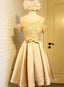 Golden Satin Lace Off Shoulder Short Homecoming Dress, Knee Length Party Dress