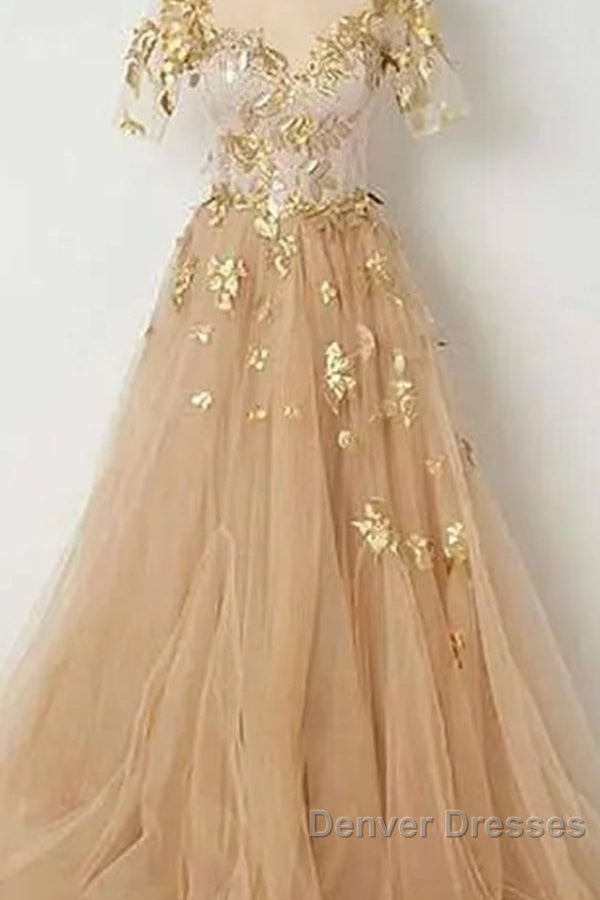 Golden Short Sleeves A-Line Tulle Prom Dress, Secondary image