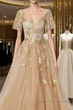 Golden Short Sleeves A-Line Tulle Prom Dress,