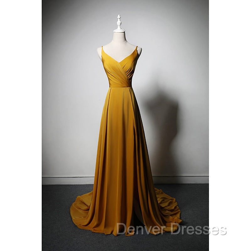 Goleden V-neckline Straps Long Party Dress with Leg Slit, Long Gold Evening Dress Prom Dress Main image