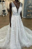 Gorgeous A-Line Deep V-Neck Open Back Chapel Train Wedding Dress