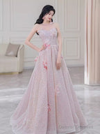 Gorgeous A Line High Neckline Sequin Pink Prom Dress
