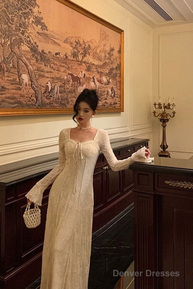 Gorgeous A Line Long Sleeves Lace Date Night Dress Long Prom Dresses Birthday Outfits Secondary image