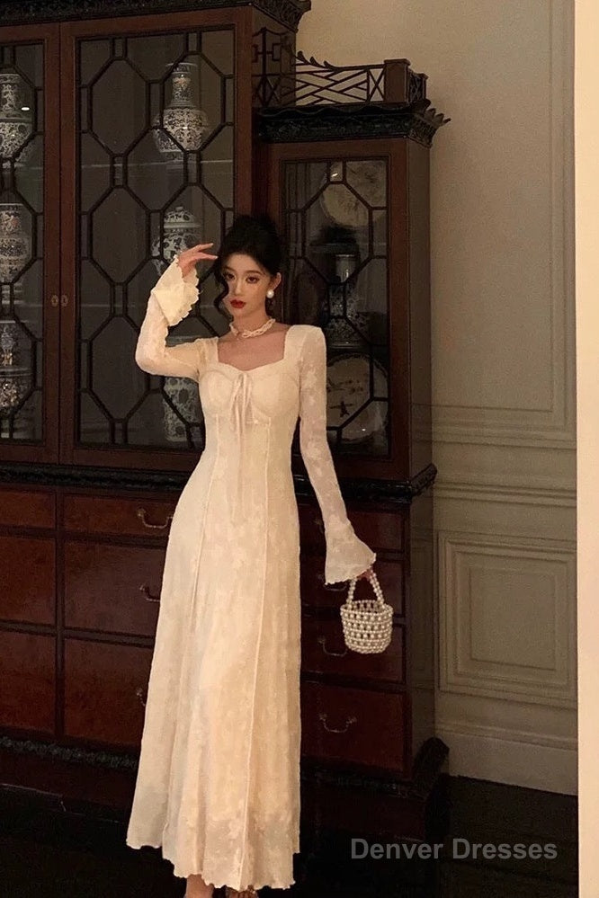 Gorgeous A Line Long Sleeves Lace Date Night Dress Long Prom Dresses Birthday Outfits