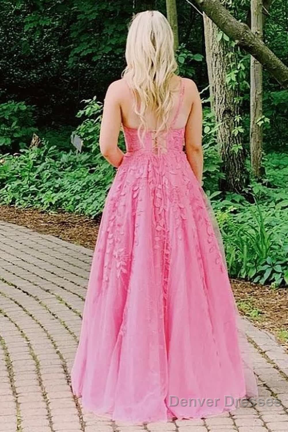 Gorgeous A Line Spaghetti Straps Pink Long Prom Dress with Appliques Secondary image