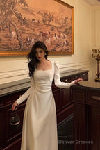 Gorgeous A Line Square Neckline Long Sleeves Date Night Dress White Prom Dresses Birthday Outfits