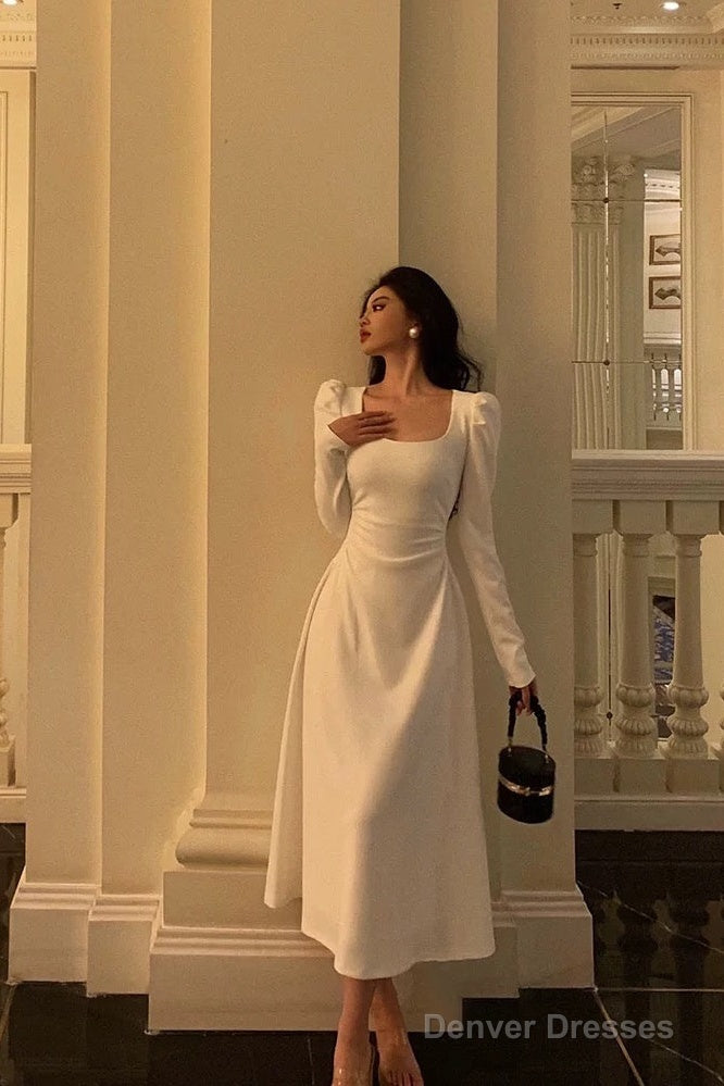 Gorgeous A Line Square Neckline Long Sleeves Date Night Dress White Prom Dresses Birthday Outfits