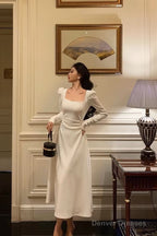 Gorgeous A Line Square Neckline Long Sleeves Date Night Dress White Prom Dresses Birthday Outfits