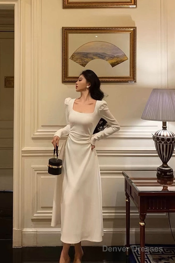 Gorgeous A Line Square Neckline Long Sleeves Date Night Dress White Prom Dresses Birthday Outfits
