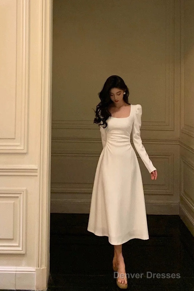 Gorgeous A Line Square Neckline Long Sleeves Date Night Dress White Prom Dresses Birthday Outfits