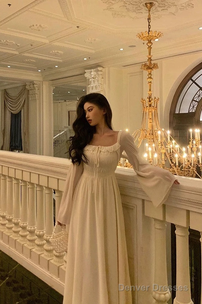 Gorgeous A Line Square Neckline Long Sleeves Ivory Date Night Dress Prom Dresses Birthday Outfit