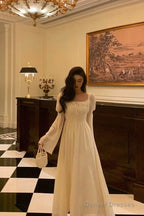 Gorgeous A Line Square Neckline Long Sleeves Ivory Date Night Dress Prom Dresses Birthday Outfit