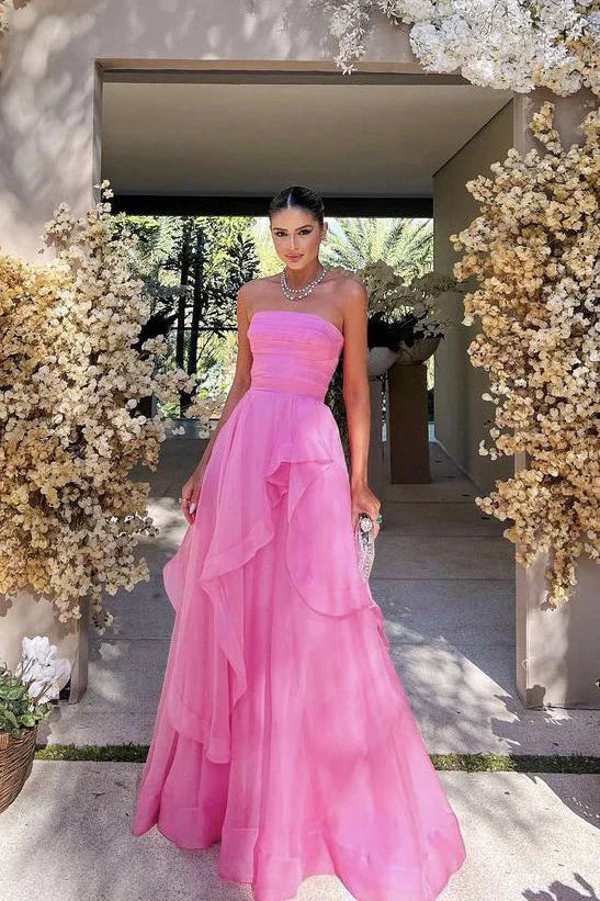 Gorgeous A Line Strapless Pink Long Prom Dress
